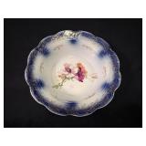 Antique Flow Blue & Floral Design Serving Bowl 10"