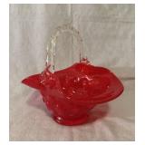 Large Red Hobnail Style Clear Handled Art Glass