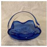 Vtg Blown Cobalt Blue & Clear Art Glass Basket