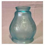 Antique Pictorial Etched Blue Iridescent Glass