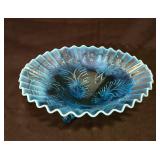 Blue Opalescent Glass Fern Design Footed Bowl