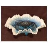 Blue Opalescent Glass Ruffles & Rings Footed