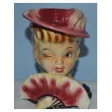 Vtg Ceramic Winking Girl Red Hat & Fan Lady Head