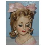Vtg Enesco Ceramic Pink Bow Lady Head Vase 7.5"