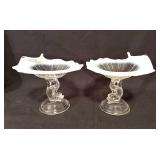 (2) Vtg Opalescent Glass Dolphin Stem Compotes
