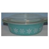 Vtg Pyrex Turquoise Snowflake Lidded Casserole