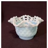 Vtg Fenton Satin Blue Art Glass Lattice Weave Bowl