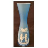 Vtg Blue Satin Glass Mary Gregory Design Vase