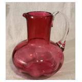 Vintage Cranberry Optic Glass Pitcher w/Applied