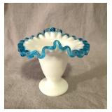 Vtg Fenton Blue Crest Milk Glass Flared Vase