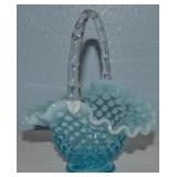 Vtg Fenton Blue Opalescent Hobnail Glass Basket