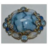 Vtg Goldtone Blue Cabachon Rhinestone Brooch