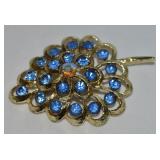 Vtg Goldtone AB & Blue Rhinestone Leaf Brooch