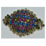 Vintage Goldtone Multicolor Rhinestone Brooch 2.75