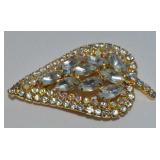 Vtg Goldtone AB & Clear Rhinestone Leaf Brooch