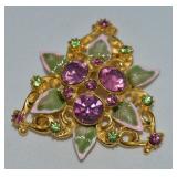 Vtg Goldtone Enamel Purple & Green Rhinestone