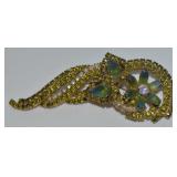 Vtg Hobe Goldtone Green & AB Rhinestone Brooch