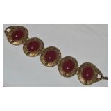 Vtg Alice Caviness Goldtone w/ Red Cabachon