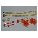 (2) Vtg Necklaces & Clip Earring Sets w/ Orange