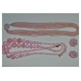(2) Vtg Pink Necklaces + Germany Clip Earrings