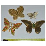 (4) Vtg Goldtone Butterfly Brooch Lot: Jade Enamel