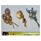 (3) Vintage Flower Brooch Lot w/ Faux Pearl Lions