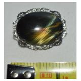 Vtg Sterling Silver Moss Agate Cabachon Brooch