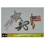 (3) Vintage Brooch Lot: Rhinestone US Flag, Star