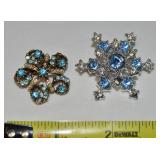(2) Vtg/Antique Blue Rhinestone Brooch Lot: Faux