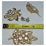 (4) Vintage Rhinestone Brooch Lot w/ Leaves +