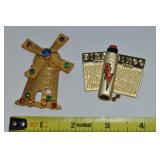 (2) Vtg Goldtone Brooch Lot: AJC Bingo + Windmill