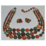 Vtg Pakula 3 Strand Necklace & Clip Earrings Set