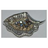 Vtg Lisner AB Rhinestone Goldtone Leaf Brooch 2.5"