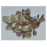 Vtg AB Rhinestone Goldtone Brooch 2.25" Unsigned