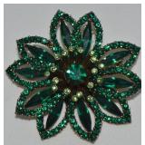 Vtg Albert Weiss Green Rhinestone Flower Brooch
