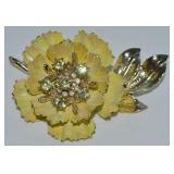 Vtg Coro Rhinestone Yellow Flower Brooch 3.25"