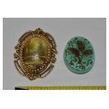 (2) Vintage Oval Brooch Lot w/ Goldtone Scene +