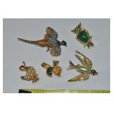 (5) Vintage Animal/Bird Brooch Lot: Pheasant,
