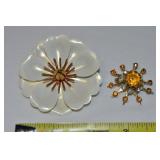 (2) Vtg Goldtone Flower Brooch Lot w/ Rhinestone