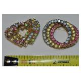 (2) Vtg Goldtone Pastel Rhinestone 3 Layer Brooch