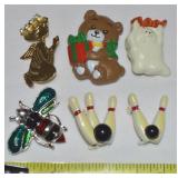 (6) Vtg Brooch / Pin lot w/ Bowling, Insect +