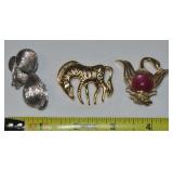 (3) Vtg Animal Brooch Lot: Mouse, Zebra & Jelly