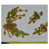 Vtg Goldtone Green Rhinestone Brooch + Clip