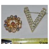 (2) Vtg Rhinestone Brooch Lot w/ Masonic AB