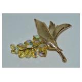 Vtg Goldtone Yellow AB Crystal Bead Floral Brooch