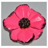 Vtg Pink w/ Black Rhinestone Flower Brooch 2 3/8"