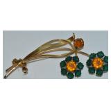 Vtg Sterling Silver Vermeil Rhinestone Flowers