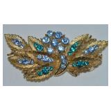 Vtg Lisner Goldtone Teal & Blue Rhinestone Brooch