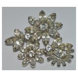 Vtg Silvertone Clear Rhinestone Flowers Brooch