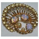 Vtg Goldtone Rhinestone Faux Pearl & Opal Brooch